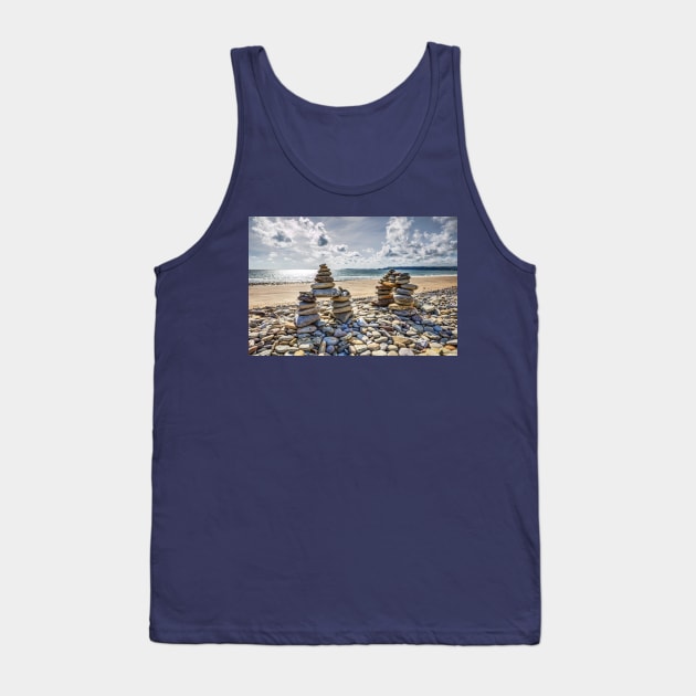 Rock Cairns On Amroth Beach, Wales Tank Top by tommysphotos